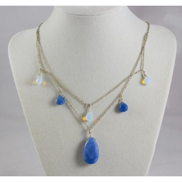 Express Unique Blue Stone or Glass & Opalescent Bead Pendant Necklace 15" - Picture 1 of 3